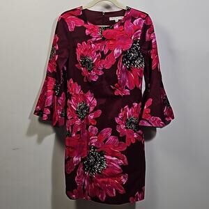 Trina Turk Floral Print Long Sleeve Dress Women’s Size 6 Red Pink Black